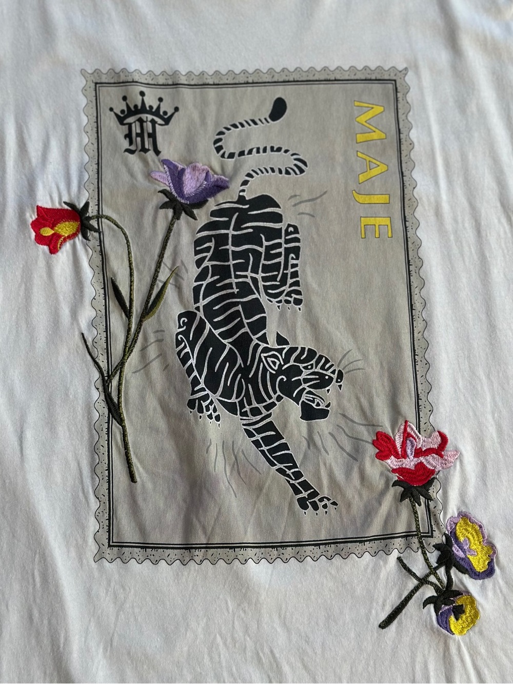 🐅 Maje White Tee with Black Tiger Stamp and Floral Embroidery SZ 1 / SM🥀 - Picture 10 of 17